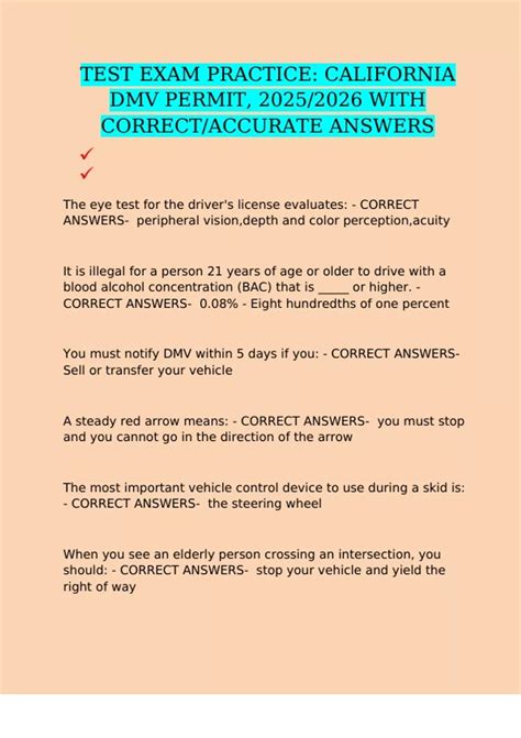 TEST EXAM PRACTICE: CALIFORNIA DMV PERMIT, 2025/2026 WITH CORRECT