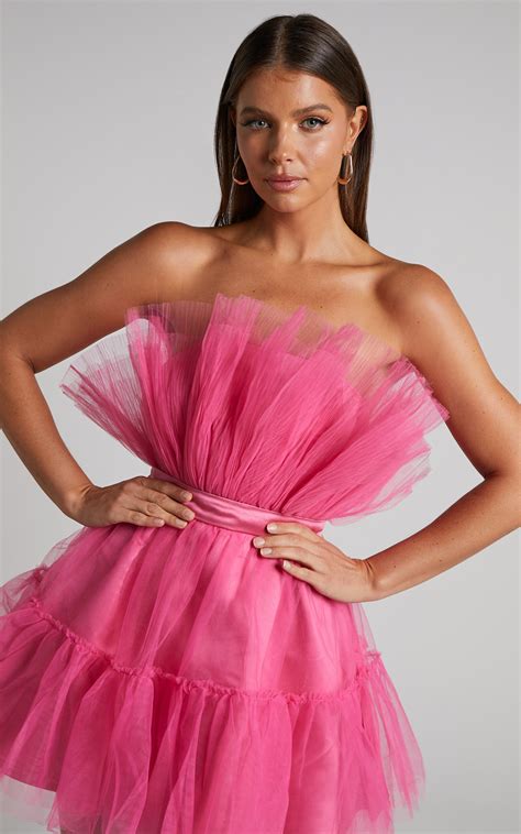 amalya mini dress tiered tulle fit  flare dress  hot pink