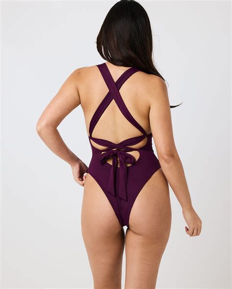 Celeste Waist Cinching Tie Back One Piece Swimsuit – Plum – Toco Swim