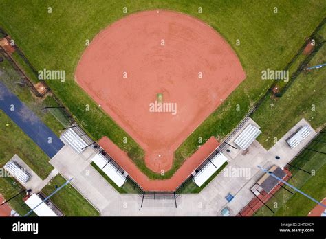 An aerial view of a baseball field with other surrounding fields and ...