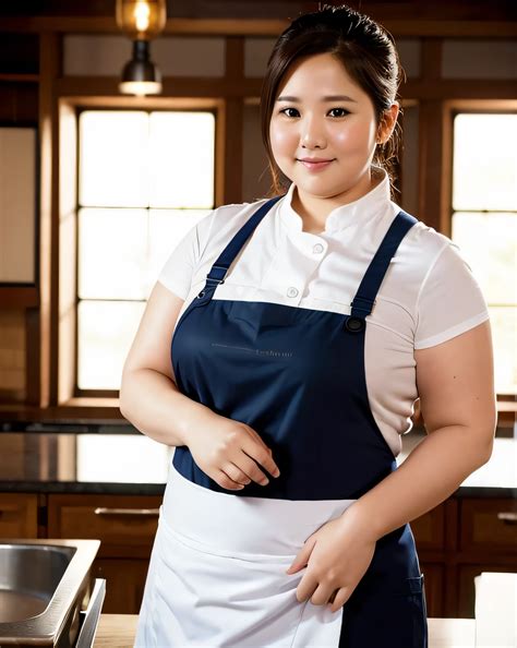 Arafed woman in a white shirt and blue apron standing in a kitchen