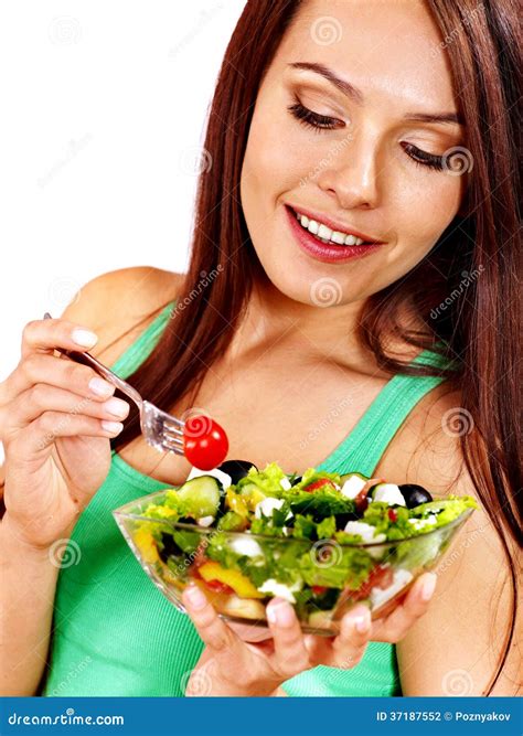 Woman Eating Salad at Kitchen. Stock Photo - Image of attractive