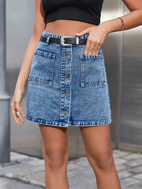Button Front Denim Mini Skirt with Belt – Sai Feel