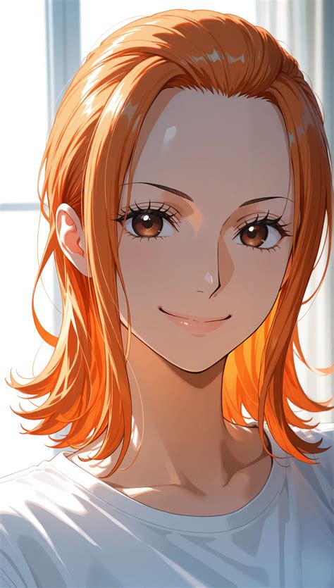 anime girl  orange hair  white shirt   cameranami