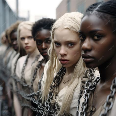 Beautiful girls hostages captives slaves in shackles and chains work as