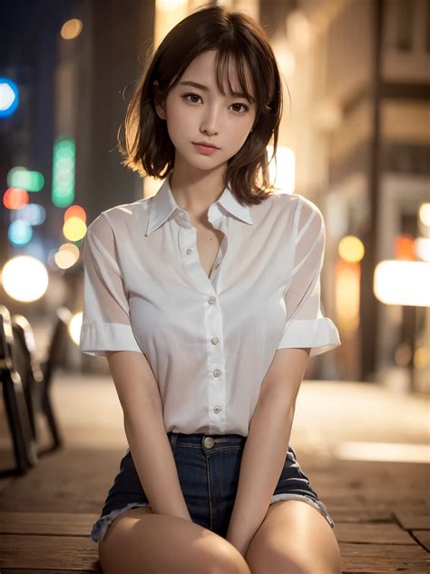 ベンチに座っている女性、夜の街 - SeaArt AI
