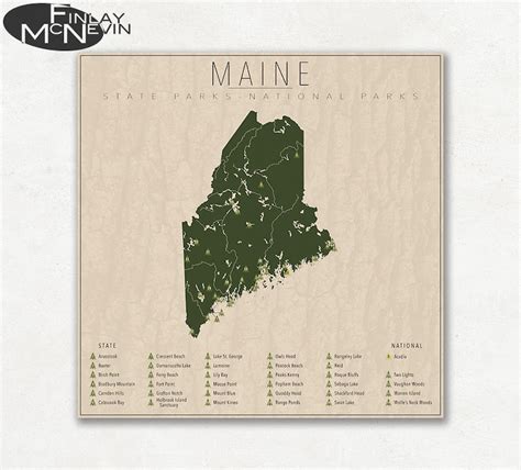 MAINE PARKS National and State Park Map Fine Art | Etsy