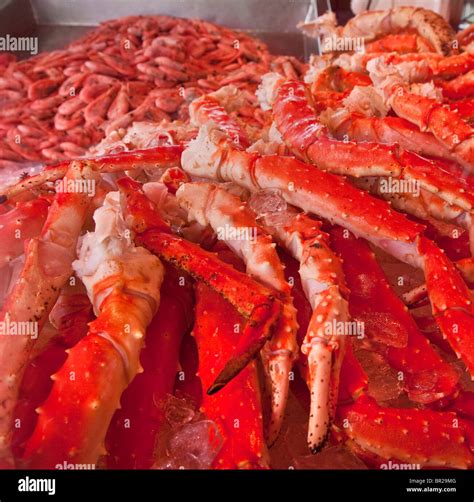 Spider crabs on sale at Bergen fish, sea food market, Norway Stock