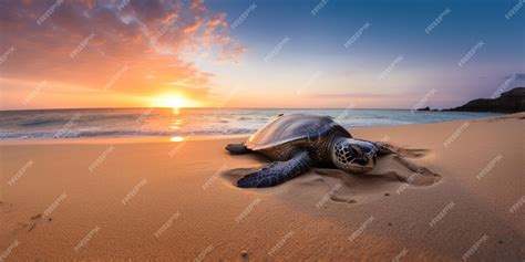 Premium AI Image | A turtle on the beach at sunset