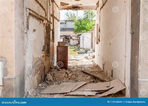 Interior Remains Of Hurricane Or Earthquake Disaster Damage On Ruined ...