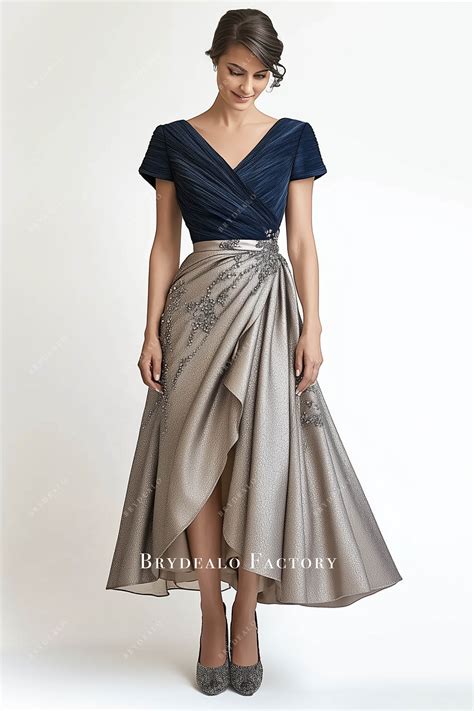 Demure Navy V-neck Ankle Length Khaki Mother of Bride & Groom Dress