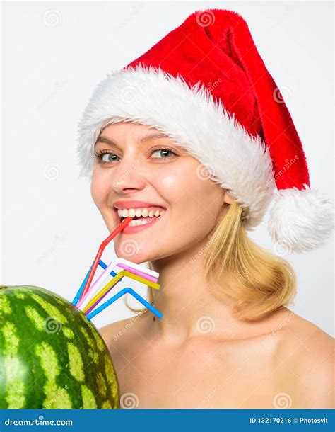 Health Care and Dieting. Girl Attractive Nude Wear Santa Hat Drink