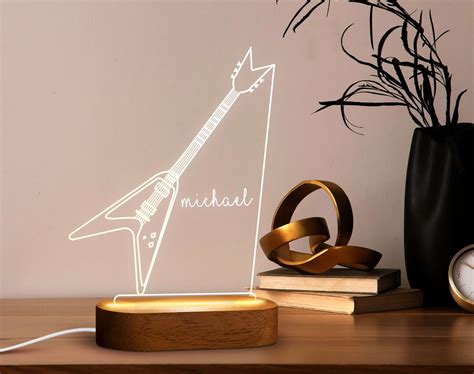 Custom Guitar Figure LED Night Light Decor With Natural Wood Base ...