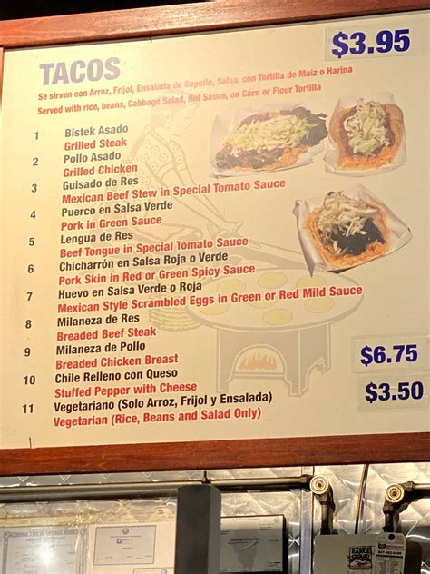 Menu at Taqueria El Milagro restaurant, Chicago, S Blue Island Ave