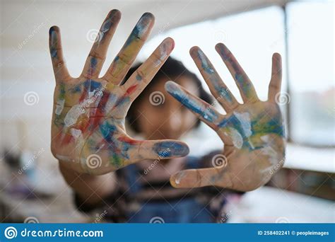 Hands, Paint and Art with a Woman Creative Artist or Painter Having Fun ...