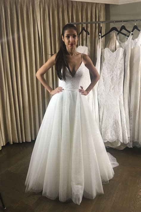 Sequin Tulle Wedding Dresses Crystals Deep V-neck Spaghetti Straps