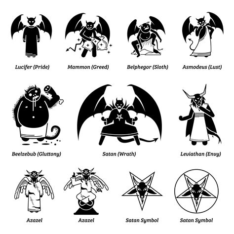 Seven deadly sins devils and Satan. Vector illustrations of Lucifer