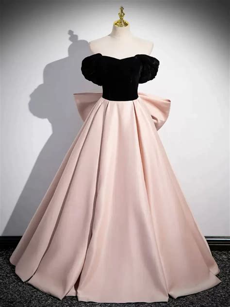 Black Velvet and Pink Satin Long Prom Dress, Black Velvet Pink Long Fo