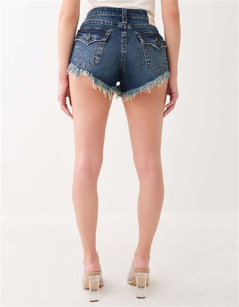 TRUE RELIGION High Rise Cheeky Womens Frayed Denim Shorts - MEDIUM WASH