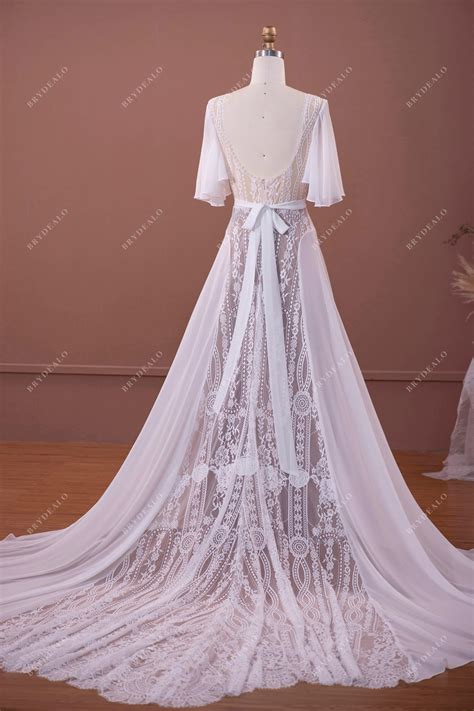 Flutter Sleeve Lace Chiffon Boho A-line Summer Wedding Dress – DesignFormal