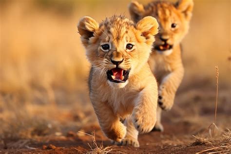 Premium AI Image | Playful Lion Cub Pouncing on Sibling in Field