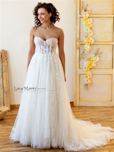 Strapless Lace Wedding Dress A Line