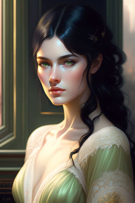 Lexica - Black hair young woman, pale skin, white skin, green eyes