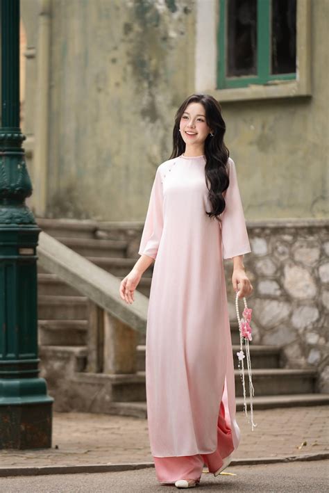 Traditional Vietnamese Pink Silk Ao Dai With Pants - Elegant Pastel