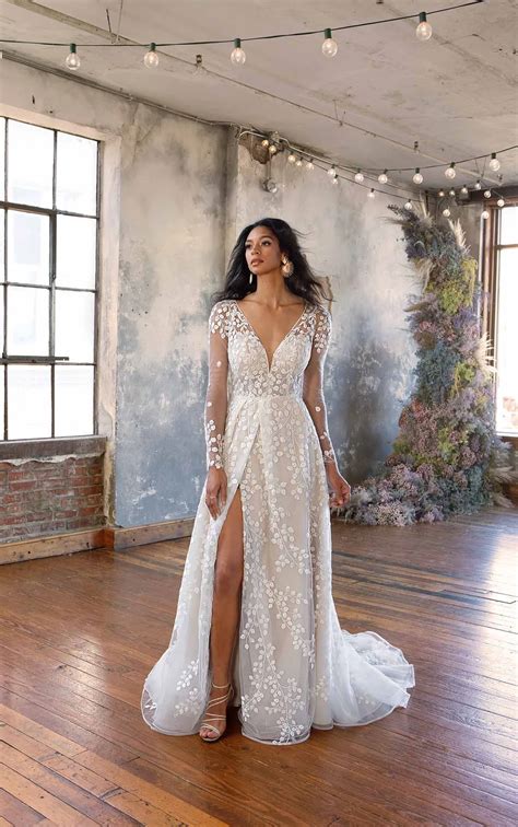 Floral Lace Boho A-Line Wedding Dress with Long Sleeves - All Who