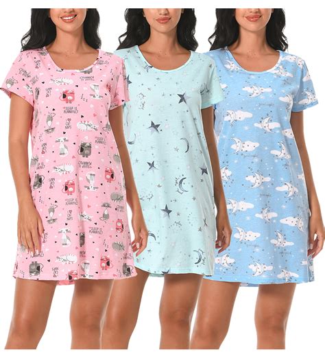 PinkBeautiM 3 Pack Nightgowns for Women Cotton Casual Sleepshirts Short