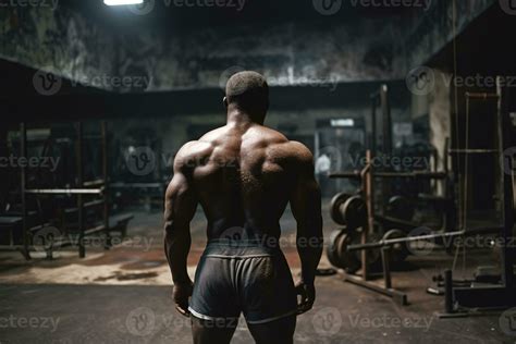Back view of black bodybuilder in grunge gym . Generative AI. 31552333