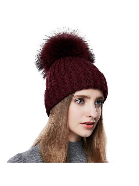 Winter Fur Pom Pom Beanie For Women Real Fox Fur Knit Beanies For Girls Cuff Hat - Burgundy ...