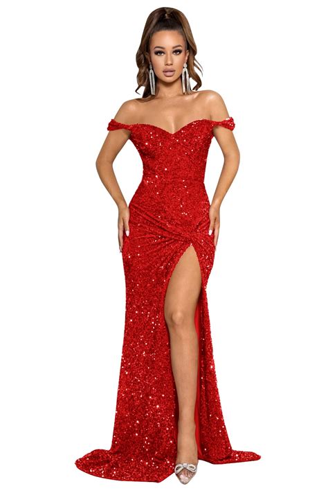 Off Shoulder Mermaid Sequin Prom Dress with Slit Long Ball Gown Sparkly