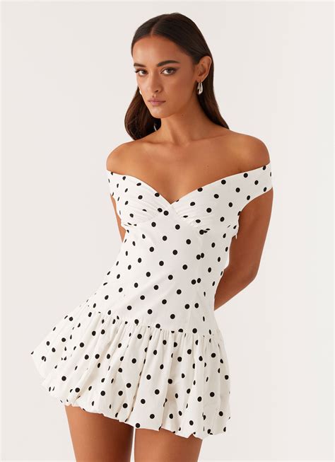 Endless Romance Off Shoulder Mini Dress - White Polka Dot – Peppermayo