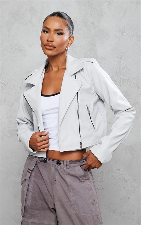 Light Grey Basic Faux Leather Biker Jacket | PrettyLittleThing KSA