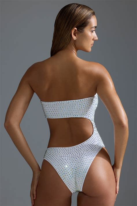 Embellished Cut-Out Cheeky One-Piece Swimsuit White | Oh Polly