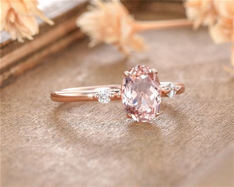 Morganite Engagement Ring Rose Gold Oval Cut Three Stone Wedding Ring 3 Stone Minimalist Promise ...