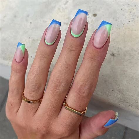 French Tip Press on Nails Medium Coffin Fake Nails Blue Green Nail Tips