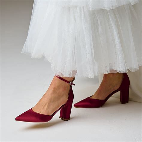 Burgundy Wedding Shoes Heels Women's High Heel Sandals Satin Ankle