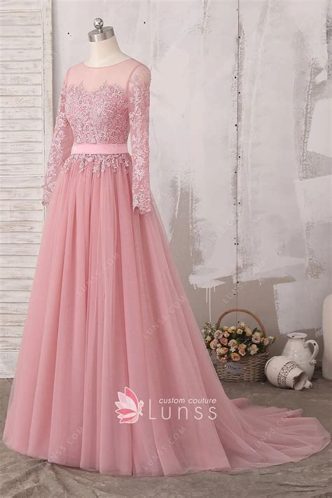 Elegant Dusty Pink Illusion Lace Tulle Long Evening Dress - Lunss