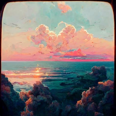 Premium AI Image | A painting of a sunset over the ocean with a cloudy ...