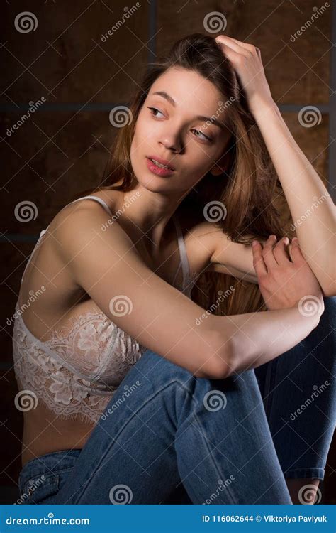 Test Photo Shoot for Young Model Wearing Blue Jeans and Lac Stock Photo
