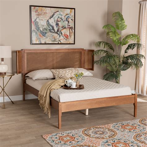 Queen Size Cannage Rattan Wood Platform Bed with Curved Wingback PU