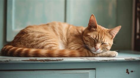 Premium AI Image | A cat sleeps on a cabinet in front of a blue cabinet.