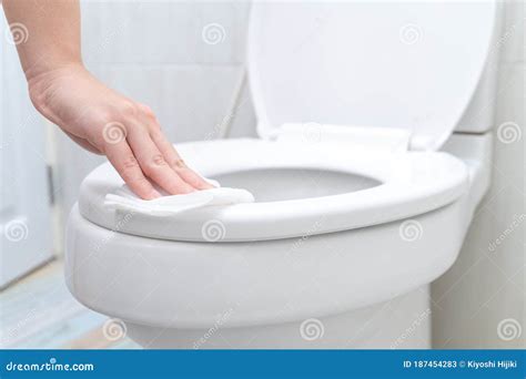 Young Woman Cleaning Toilet Seat by a Wet Wipe in Public Restroom Stock ...