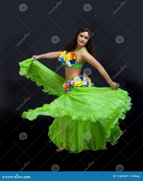 Beauty Mature Woman Dance in Green Costume Stock Image - Image of