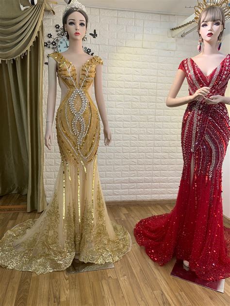 Flamboyant bling bling gold or red beaded crystals mermaid wedding