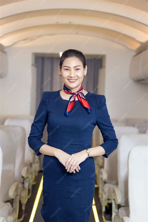 Premium Photo | Asian flight attendant posing with smile at middle of