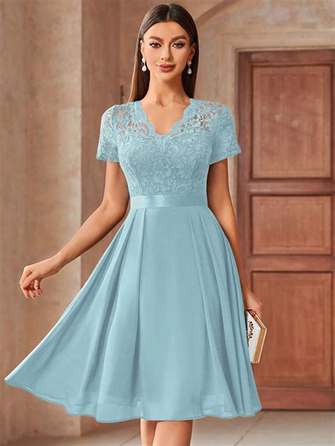 MIUSOL Elegant V-Neck Floral Lace Pleated Hem Chiffon Cocktail Party
