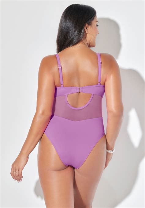 Flattering Cup Sized Mesh Underwire One Piece Swimsuit, Lilac